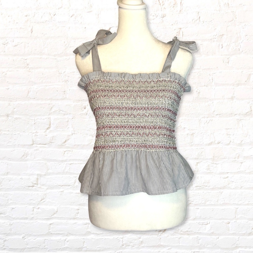 Style Envy Tie Sleeves Smocked Peplum Crop Top Size XL Striped Gray White New